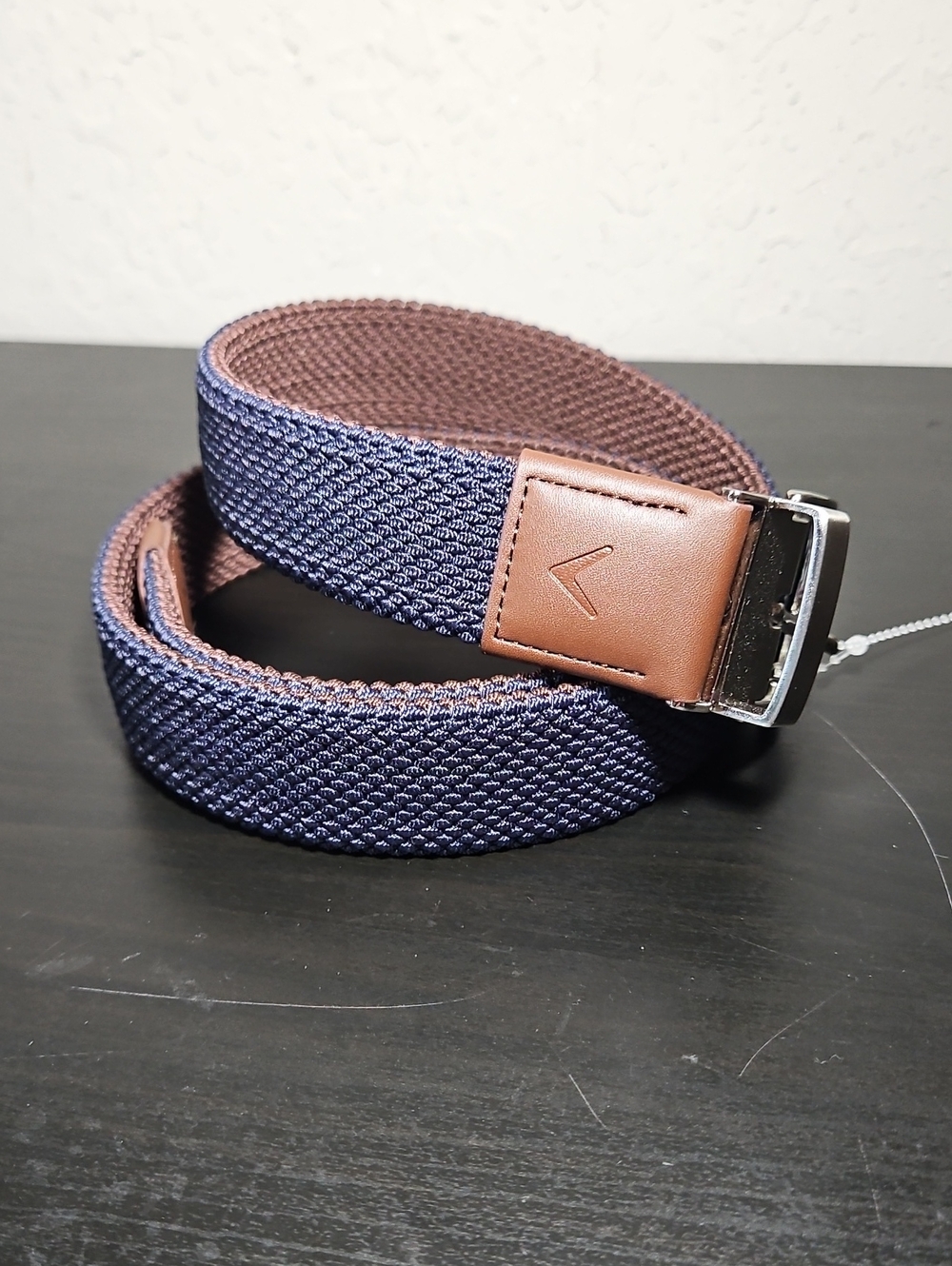 Callaway Men's Navy and Brown Reversible Woven Belt, Size M (34-36)